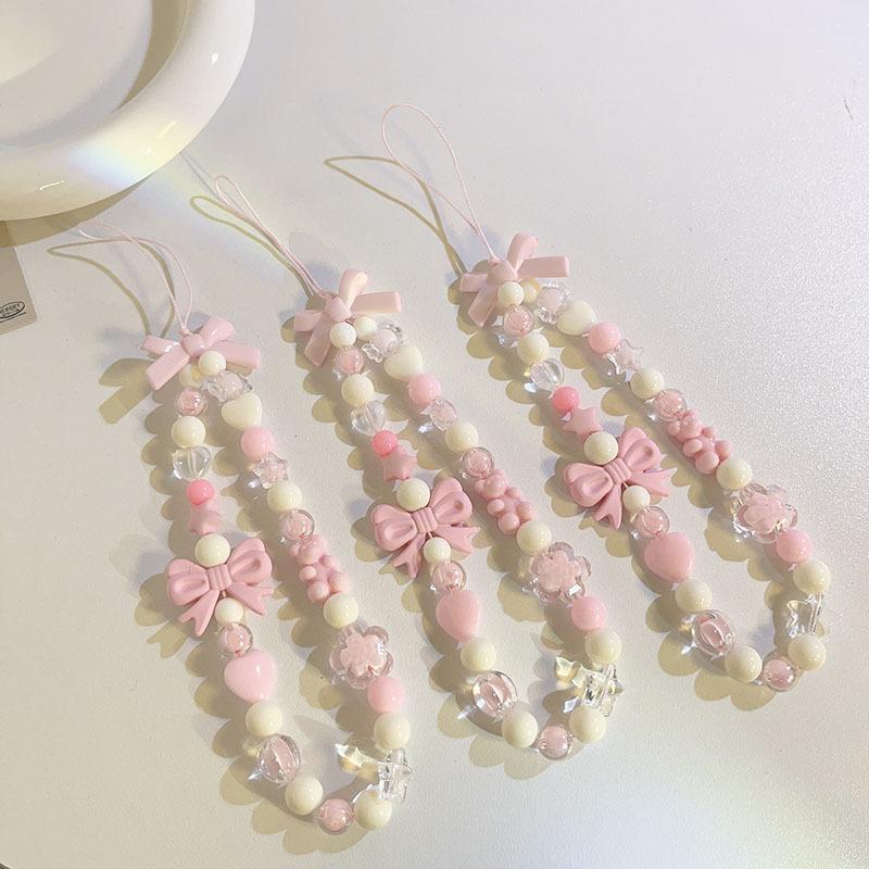 Cute Beaded Pink White Butterfly Phone Charm Phone Chain Decoration