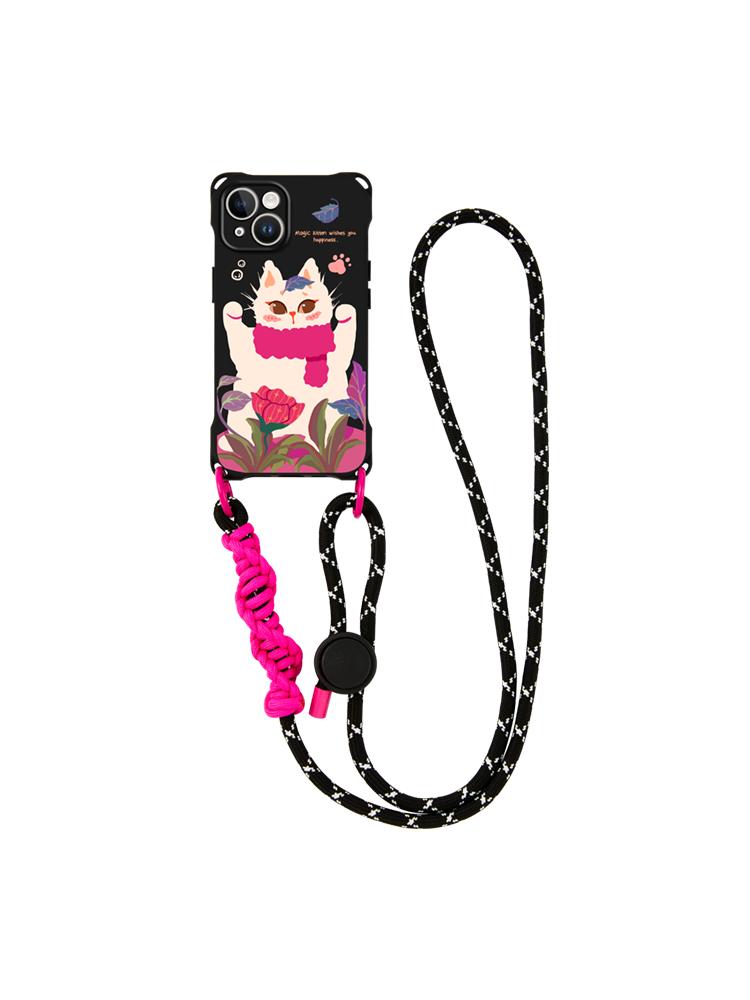 Flower And Cat Phone Case With Wrist Crossbody Strap